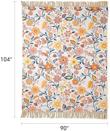 100% Cotton Boho Throw Blanket for Home Decor – Classic Farmhouse Quilt Bedding, Muslin Blankets for Adults, Vintage Woven Decorative Blanket for Couch, Bed Layering Use, Botanic Floral, 104"x90"