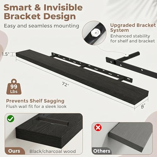 72 Inch Floating Shelves for Wall, 8"D Wood Storage Shelves, Black Finish