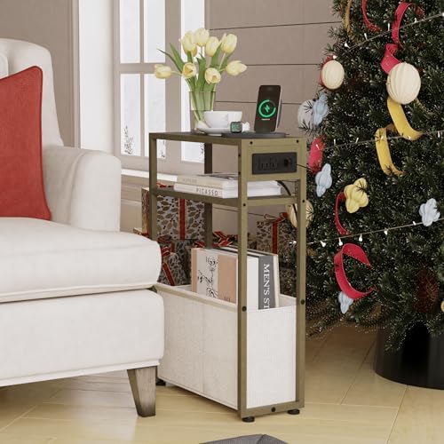 Leomonio Narrow Side Table, Slim Night Stand with Magazine Rack
