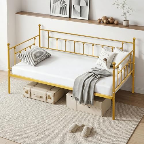 VECELO Twin Size Daybed Frame Metal Steel Slat Support with Headboard Sofa Bed Platform for Living Room, Guest Room, Easy Assembly, Gold