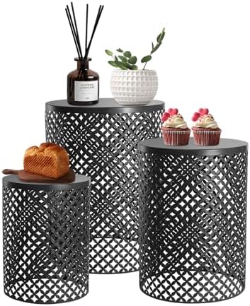 Set of 3 Outdoor Side Table, Garden Stool for Patio, Metal Accent Table Modern End Table, Patio Side Table for Garden, Balcony, Bedroom Indoor Outdoor Decorative, Jet Black