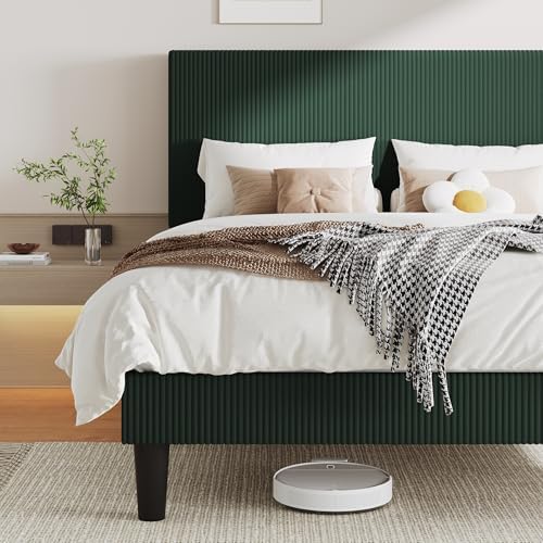 Allewie Queen Bed Frame, Corduroy Tufted Headboard, Dark Green
