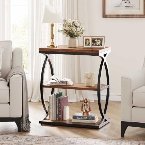 Vabches Narrow Side Table with Storage Shelf,3-Tier End Table with Artistic Curved Metal Frame,Industrial Bedside Tables for Small Space,Living Room,Bedroom,Home Decor,Walnut & Black