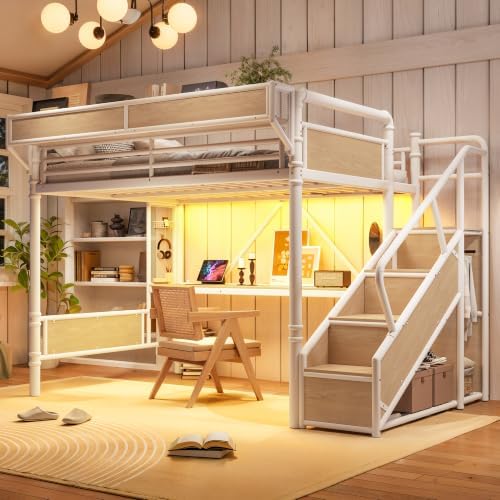 Queen Size Metal Loft Bed Frame with Storage Staircase, Desk, White
