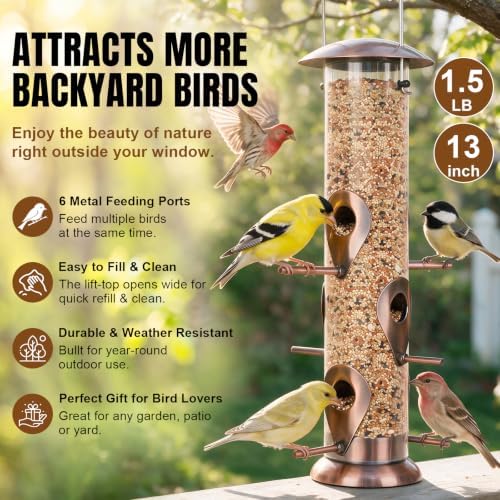 FEED GARDEN Bird Feeder for Outdoors Hanging, 13" Clear Tube, Copper