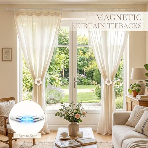 VIS'V Magnetic Curtain Tiebacks, Boho Curtain Holdbacks, Cream, 4 Pcs