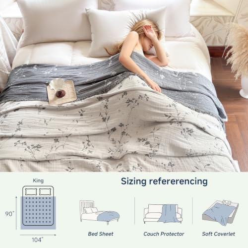 Simple&Opulence Cotton Muslin Blanket King Size 104"x90", Reversible Yarn-Dyed Vintage White Floral Jacquard, 3-Layer Gauze with Tassels, Soft Lightweight Breathable All-Season Bedspread for Bed Couch