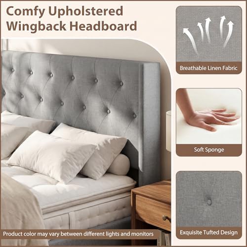 GIANTEX Queen Size Lift Up Storage Bed, Modern Linen Upholstered Platform w/Button Tufted Wingback Headboard & Hydraulic Support, Queen Bed Frame with Storage, No Box Spring Needed (Grey)