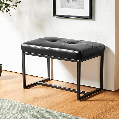 Glitzhome Ottoman Bench, Modern PU Leather Vanity Stools Chairs with Metal Frame, Makeup Stool Padded Foot Rest Stool for Living Room Vanity, Entryway, Bathroom, Black