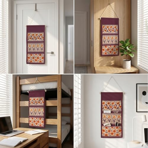 IAXIC Canvas Wall Hanging Organizer with Pockets Fish Extender Hanging Pouch Vintage Floral Door Closet Organizers Fabric Storage Pockets Wall Decoration
