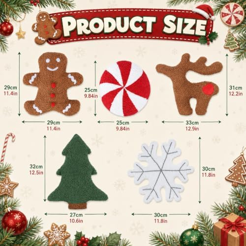 Cumule 5 Pcs Christmas Throw Pillows Cute Xmas Tree Candy Gingerbread Reindeer Snowflake Shaped Plush Pillow for Christmas Winter Holiday Party Outdoor Bedroom Cushion Decoration