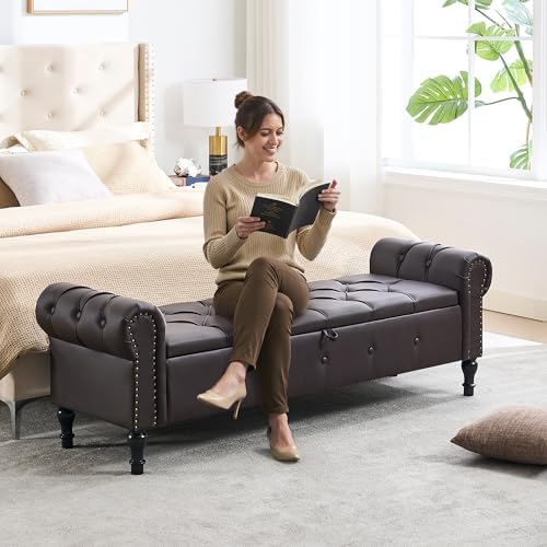 Storage Bench 67" Faux Leather End of Bed Benches Dark Brown