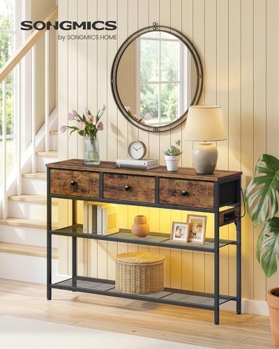 SONGMICS Console Table with Power Outlets and LED Lights, 3 Fabric Drawers