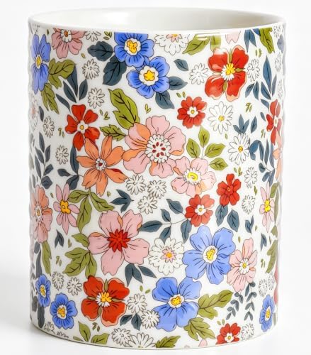 Kitchen Utensil Holder,7.2-inch Extra Large Sturdy Ceramic Vintage Floral Pattern Utensil Crock,Cooking Utensil Organizer for Kitchen Counter Decor,Storage Caddy Farmhouse Gift Retro Pink