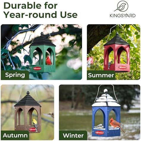 Kingsyard Platform Bird Feeder for Outdoor Hanging - Gazebo Style Recycled Plastic Wild Bird Feeding Station with Rain-Proof Roof & Metal Mesh Tray. Red