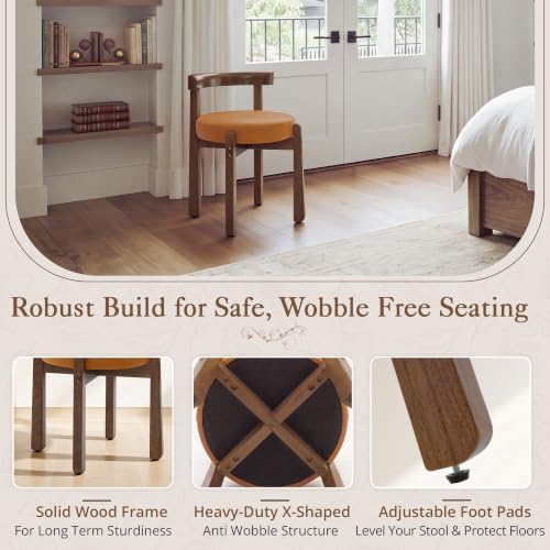 LUE BONA Wood Vanity Chair Stool with Back, Mid-Century Makeup Bench, Brown