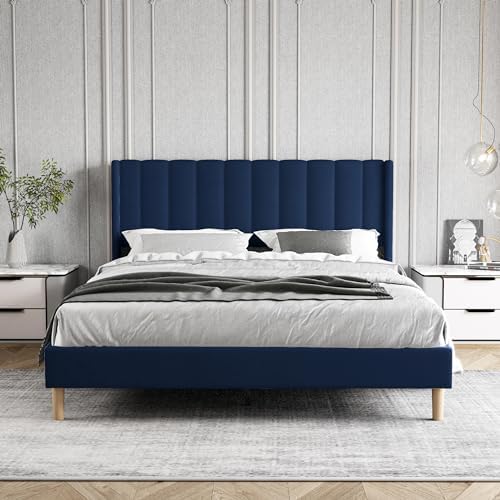 Queen Size Bed Frame with Velvet Upholstered Headboard, Blue