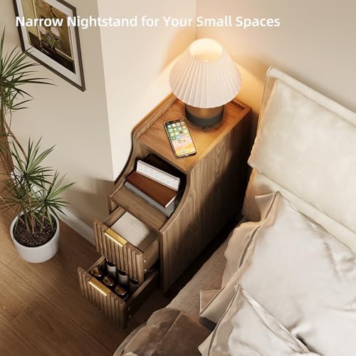 Fluted Nightstands Set of 2,Narrow Bedside Table with 2 Drawers & Storage, Farmhouse Walnut End Table Modern Side Table for Bedroom Livingroom Sofa Office