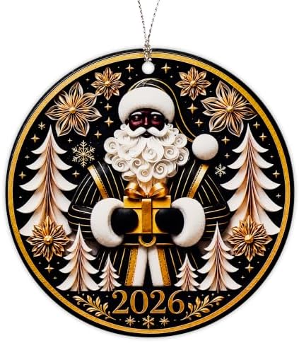 Black Santa Christmas Ornament for Christmas Tree Decorations 2026, Elegant Black Santa Holding a Golden Gift with Winter Forest Design, Heartwarming Holiday Keepsake Gift for Family and Friends