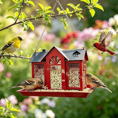 Large Metal Bird Feeders for Outdoors Hanging with Double Suet Cage Weatherproof Roof, 4 in 1 Suet Feeder for Woodpecker, 4 Lbs Capacity Bird Feeder House for Cardinal Finch Chickadee