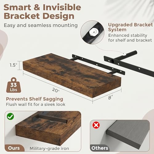20 Inch Floating Shelves for Wall, 8"D Wood Storage Shelves, Brown Finish