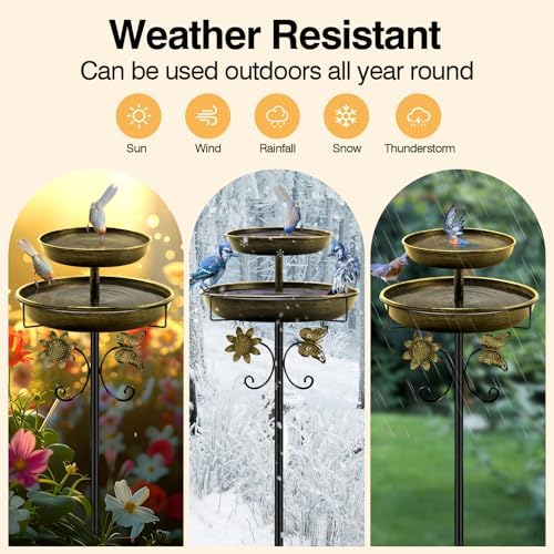 Daoeny Bird Bath for Outside, 42In Vintage Freestanding Birdbaths for Outdoors, Double Metal Bird Bath Feeder Bowls for Garden Patio Yard Lawn Decor, Upgraded 5-Pronged Base (Antique Golden)