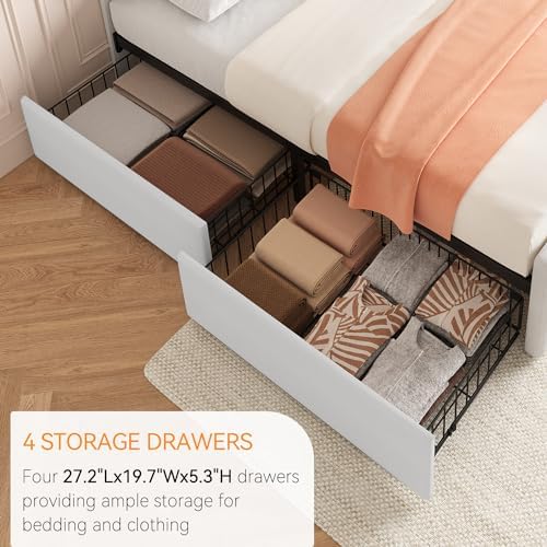 IDEALHOUSE Queen Size Bed Frame with 4 Storage Drawers and Headboard, White