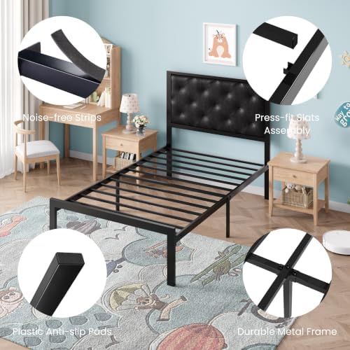 SHA CERLIN Twin Size Metal Bed Frame with PU Tufted Headboard, Black