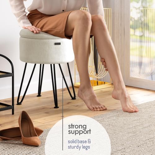 Round Ottoman with Storage, Textured Velvet Storage Ottoman, Foot Stool Ottomans, Makeup Vanity Stool, Small Ottomans Foot Rest, Modern Vanity Stools for Living Room and Bedroom, Cream