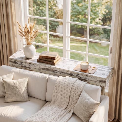 LITTLE TREE 63-Inch Long Console Tables for Entryway, Large Sofa Table Behind Couch, Wooden Entry Foyer Hallway Table, Modern Console Sofa Tables for Living Room, Distressed White