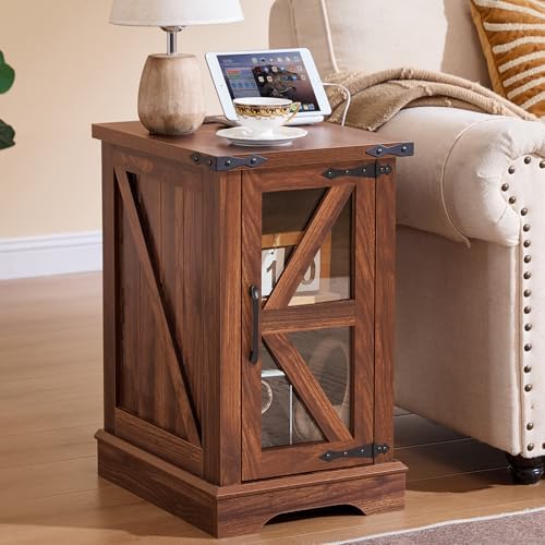 Joaxswe Narrow Night Stand Set 2 with Charger Station, Glass Barn Door