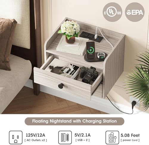 Floating Nightstand Set of 2 with 2 Storage Drawers and Charging Station