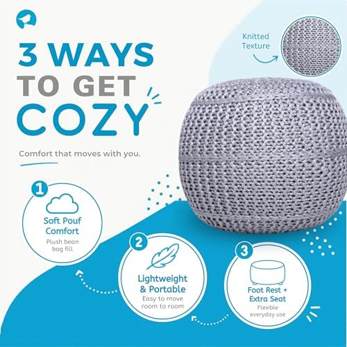 BIRDROCK HOME Round Pouf Foot Stool Ottoman - Knit Bean Bag Floor Chair - Cotton Braided Cord - Great for The Living Room, Bedroom and Kids Room - Small Furniture (Soft Silver)