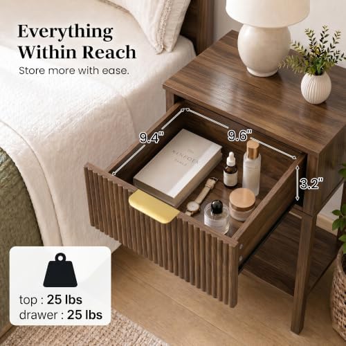 Dark Walnut 15.4" Wide Small Nightstands Set of 2,Drawer Shelf,Fluted
