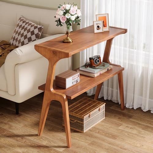 Tribesigns Set of 2 Solid Wood End Table, 2-Tier Mid-Century Modern Side Table with Storage Shelf, Tall Slim Side Table for Couch with Unique Legs, Long Bedside Table for Bedroom, Living Room, Cherry