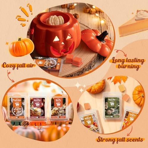 Salubrito Fall Scented Wax Melts, Strong Scented Soy Wax Cubes/Tarts Variety Set- Pumpkin Spice, Cinnamon, Spiced Cider, Snickerdoodle, Balsam Pine, Candy Corn, Fall Harvest, Apple Pie, 8x2.5oz