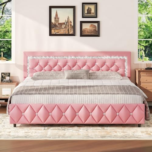 King Bed Frame with Diamond Headboard, Upholstered Platform Bed, Pink