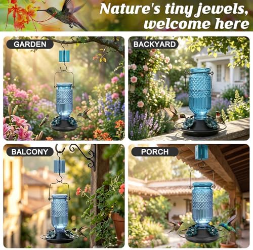 FEED GARDEN Glass Hummingbird Feeder for Outdoors Hanging, 16 OZ Humming Birds Feeders with 4 Bee Guard Feeding Ports & Built-in Ant Moat, Hummingbird Gifts for Mom, Bird Feeder for Outside, Blue