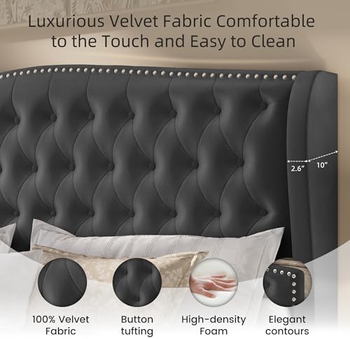 BRELTAM Upholstered King Size Bed Frame Velvet Tufted Bed Frame with Wingback Headboard & Footboard, with Deep Button Tufted & Nailhead Wooden Slats Support, No Box Spring Needed,Grey