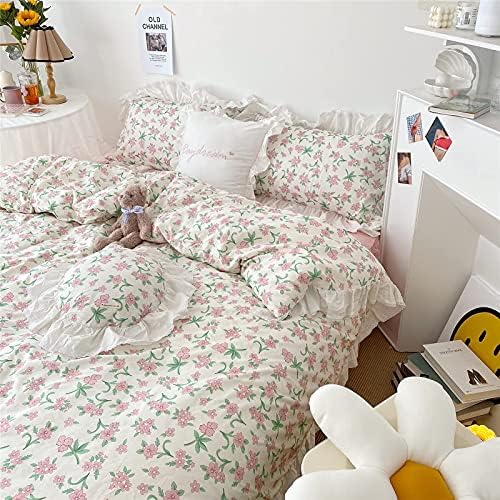 Pink Flower Duvet Cover Set,100% Cotton,Queen(90"x90"),White Ruffled