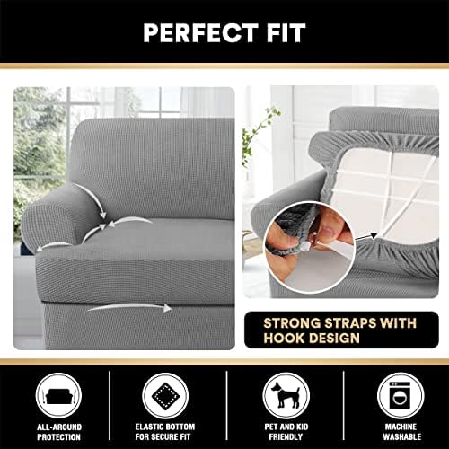 PrinceDeco T Cushion Sofa Slipcover 3 Pieces Sofa Covers for T Cushion Couch Soft Couch Covers Sofa Slip Cover Furniture Covers with 2 Individual T Shape Seat Covers Width Up to 88", Dove