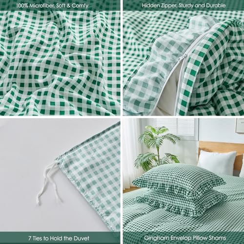 Gingham Duvet Cover King Size, 3 Pieces Soft Breathable Microfiber Plaid Duvet Cover with Zipper Closure & 2 Pillow Shams, Ruffle Farmhouse Vintage Decor, Green