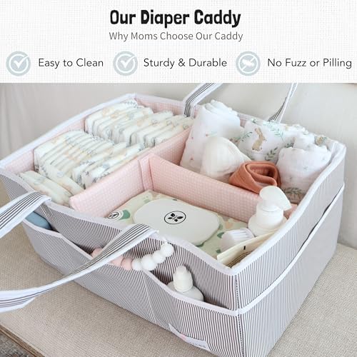 Baby Diaper Caddy - Organizer Tote Bag for Baby Girl Essentials - Baby Shower Basket - Nursery Must Haves - Registry Favorites - Newborn Caddie Car Travel - Gray/Blush, Extra Large