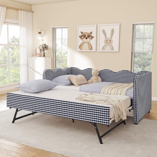 Twin Size Daybed with Pop Up Trundle, Linen Gingham Twin to King Daybed with USB Ports, Upholstered Day Bed Frame, Modern Sofa Bed for Bedroom/Living Room/Guest Room, No Box Spring Needed, Navy