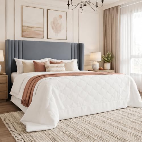 SHA CERLIN Queen Velvet Upholstered Bed Frame, Wingback Headboard, Grey