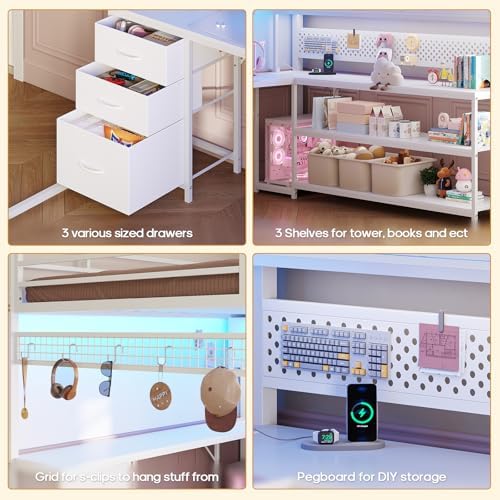 ADORNEVE Loft Bed Full Size with Gaming Desk, Arcylic RGB Hutch, White