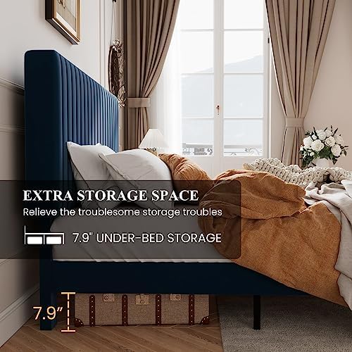 SHA CERLIN Queen Upholstered Platform Bed Frame with Vertical Channel Tufted Velvet Fabric Adjustable Headboard, Wooden Slats Support, Mattress Foundation, Box Spring Optional, Blue