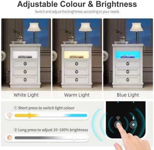 Farmhouse Nightstand Set 2 with Gun Drawer,Bedside Table with Charging Station and Human Body Senor,3 LED Lights Night Stand with 3 Drawers and Open Shelf,End Side Table for Bedroom(White)