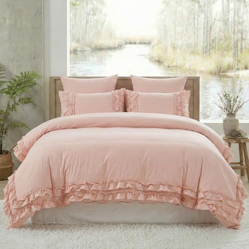 Pink Ruffled Duvet Cover Girls Coquette Bedding Set Cute Lace Fringe Ruffle Bedding Shabby Chic Farmhouse Style Super Soft Cozy Elegant Cover Cover Set King Size