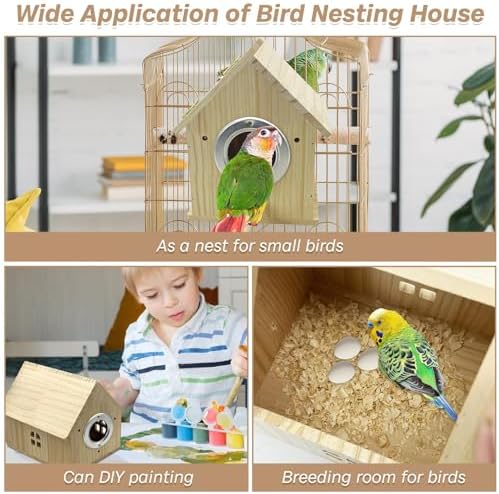 PINVNBY Parakeet Nesting Box Wooden Bird House for Cage Parrot Breeding Mating Box for Lovebirds CockatielFinch Cockatoo Canary and Small and Medium-Sized Birds (L: 7.91 * 6.81 * 6.69 inch)